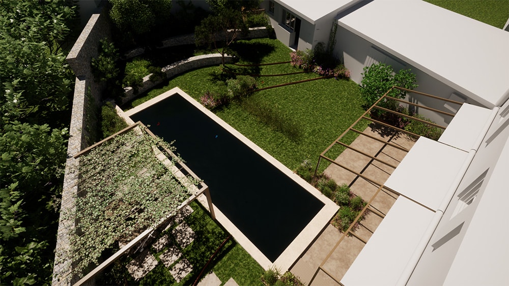 vue d'oiseau du jardin et de la piscine en 3D