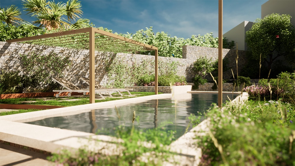 vue 3D de la piscine et de la terrasse pergola