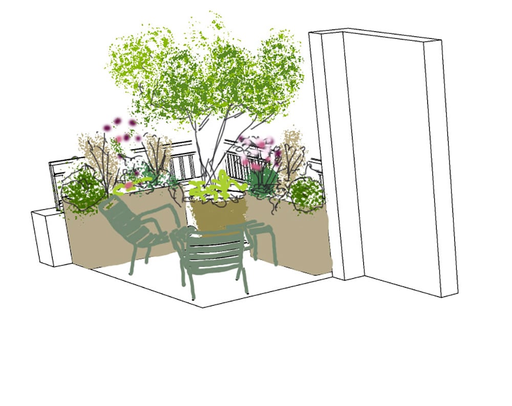 Erell et Rozanne Mini terrasse bacs, plantes et Ollas