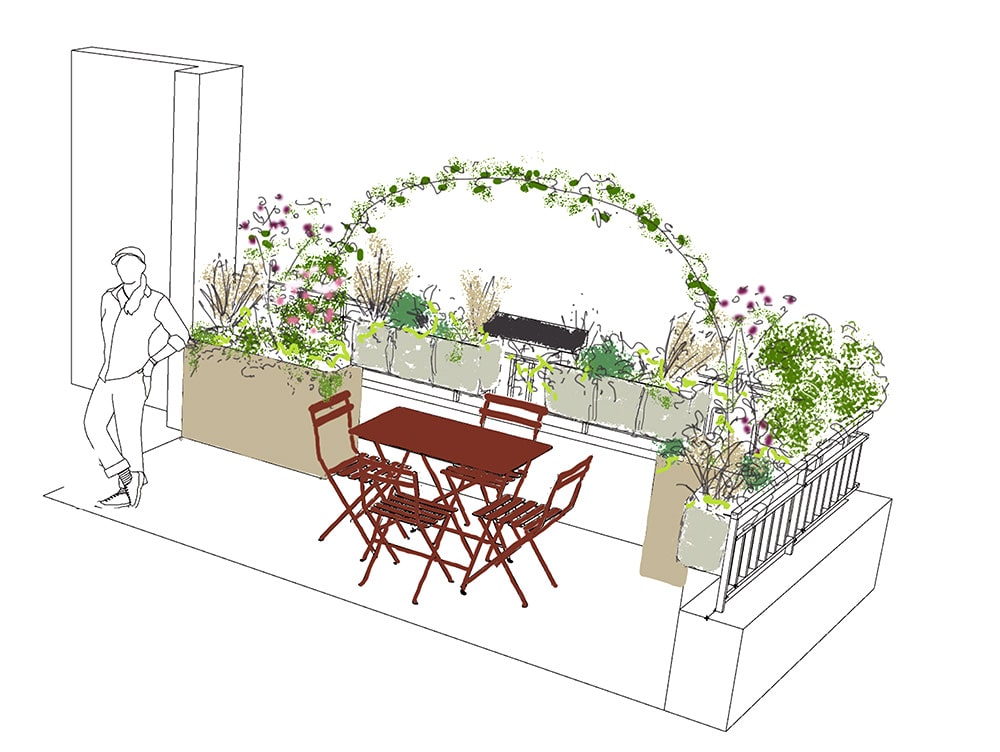 Erell et Rozanne Mini terrasse bacs, plantes et Ollas