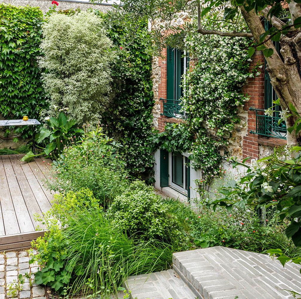 Jardin de ville verdoyant et sols variés